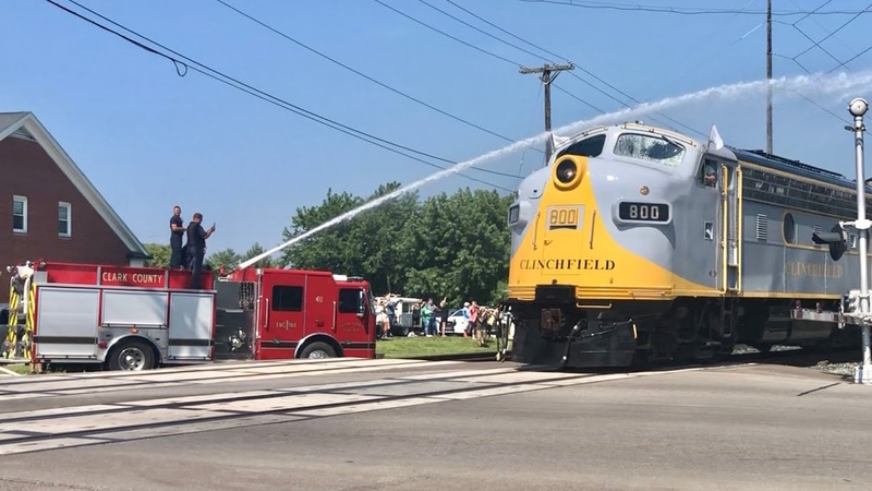 Fire Truck Gives Water Salute To Rare Train Steam Locomotive Caboose Special Move On CSX ,